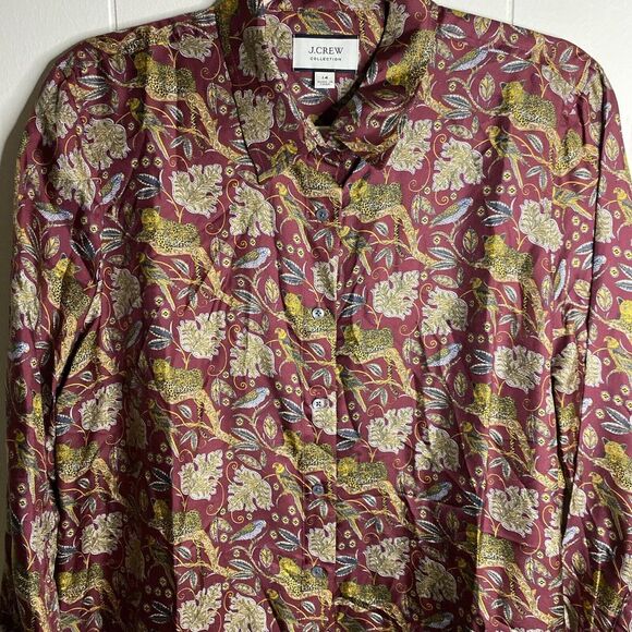 J Crew Top Womens 14 Floral Cheetah Bird Print 100% Silk Blouse Button Up Shirt - Picture 3 of 10